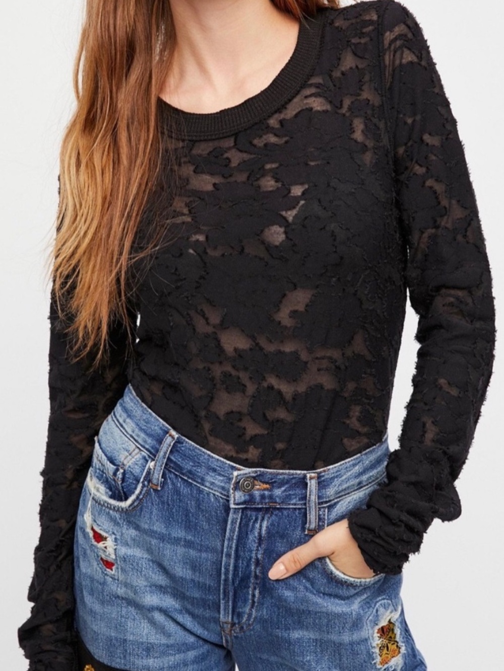 We The Free Black Sheer Lace Long-Sleeve Top